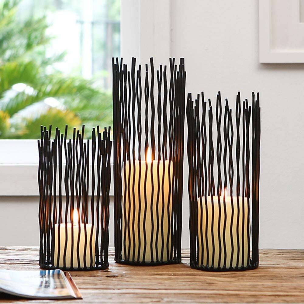 Black Metal Candle Holders Set of 3 Modern Rustic Stick Lantern Home Decor